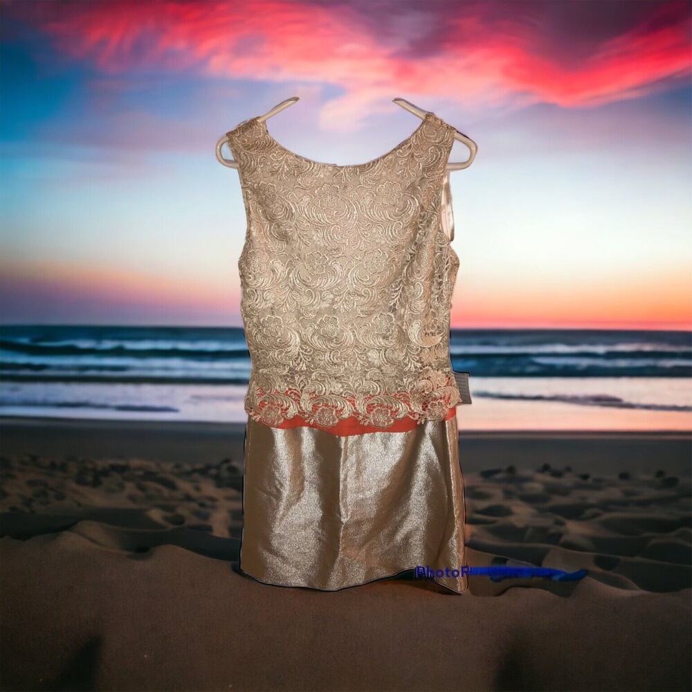 Eliza J MISSY Women's Dress Size 8 Lace Coral Gold Beige‎ Shift Mini Formal NWT